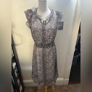 Allegra K Gray Leopard Print Midi women’s smoked waist sleeveless ruffle Dress